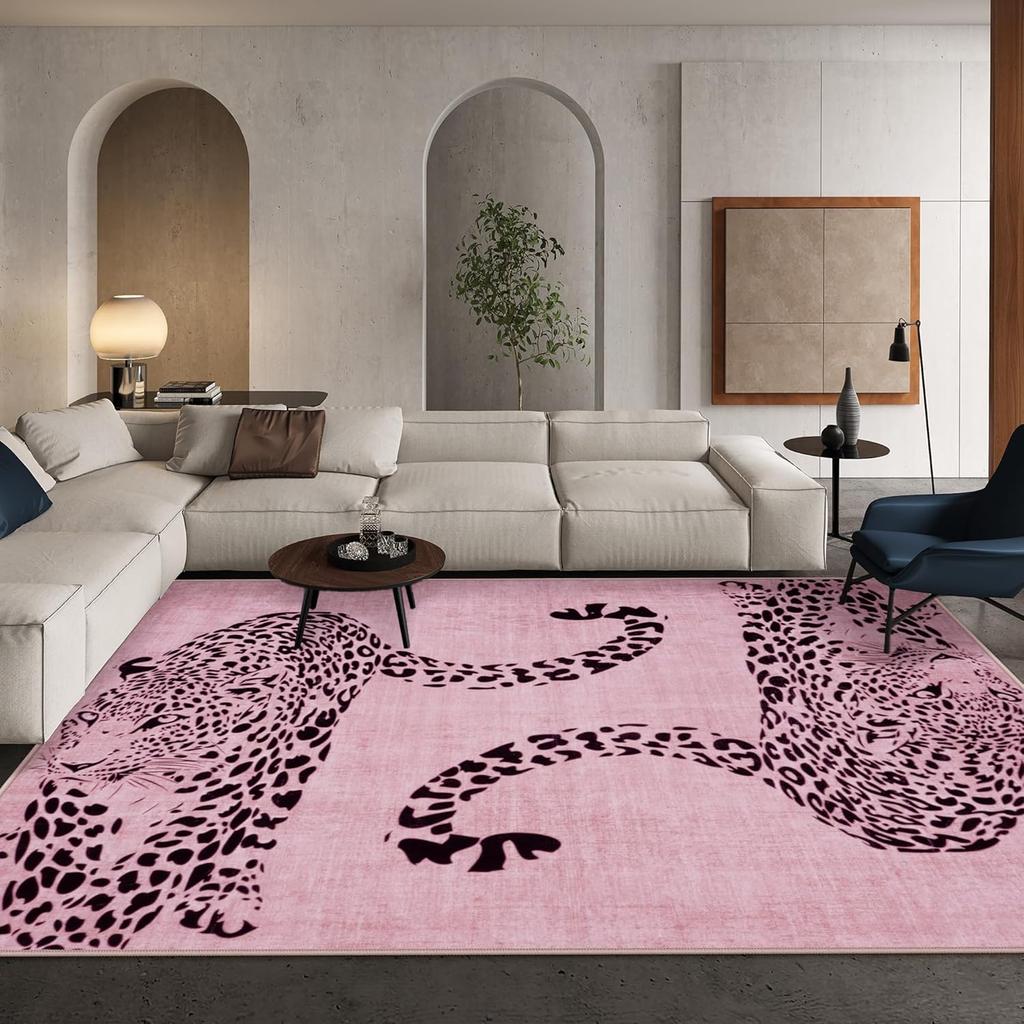 Minimalist Leopard Silhouette Themed Rug,Anti-Slip Mat with Blush Pink Base Living Room Bedroom,Chic Exotic Decorative Carpet