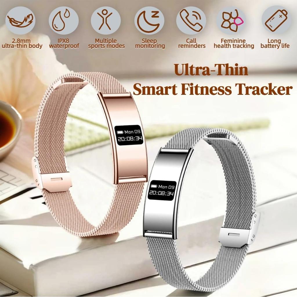 Fitness Tracker Smart Watch for Women Men,Ultra Thin Smart Bracelet 2.8mm Metal Strap, Slim Activity Tracker with Heart Rate, SpO2, Sleep Tracking