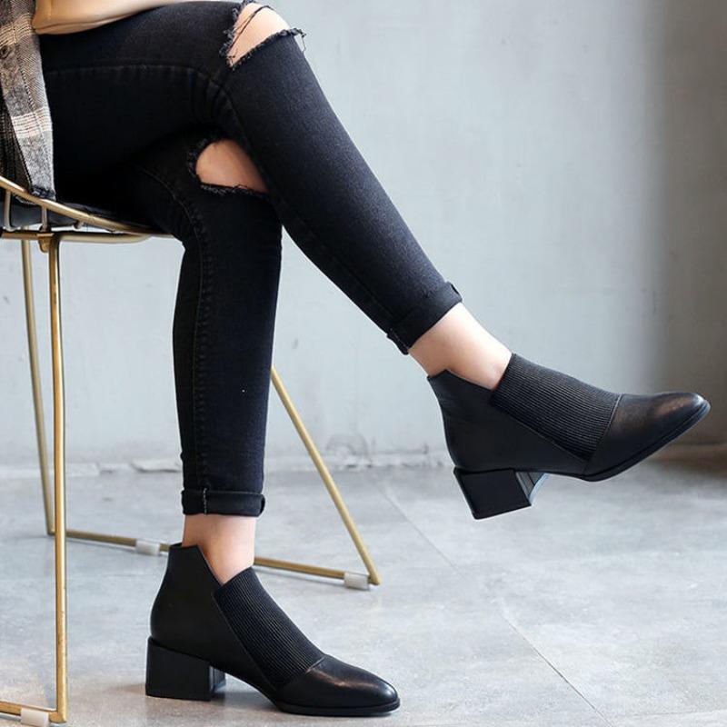 Women's Ankle Boots Leather Black Booties Fur Pointed Toe Female Short Shoes Elastic Comfortable and Elegant Goth Hot New in Y2k