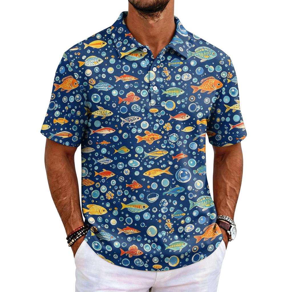 Men's Polo Shirt Short Sleeve Loose Fit Casual Top with Hawaiian Style Print for Everyday Wear Comfortable Fabric