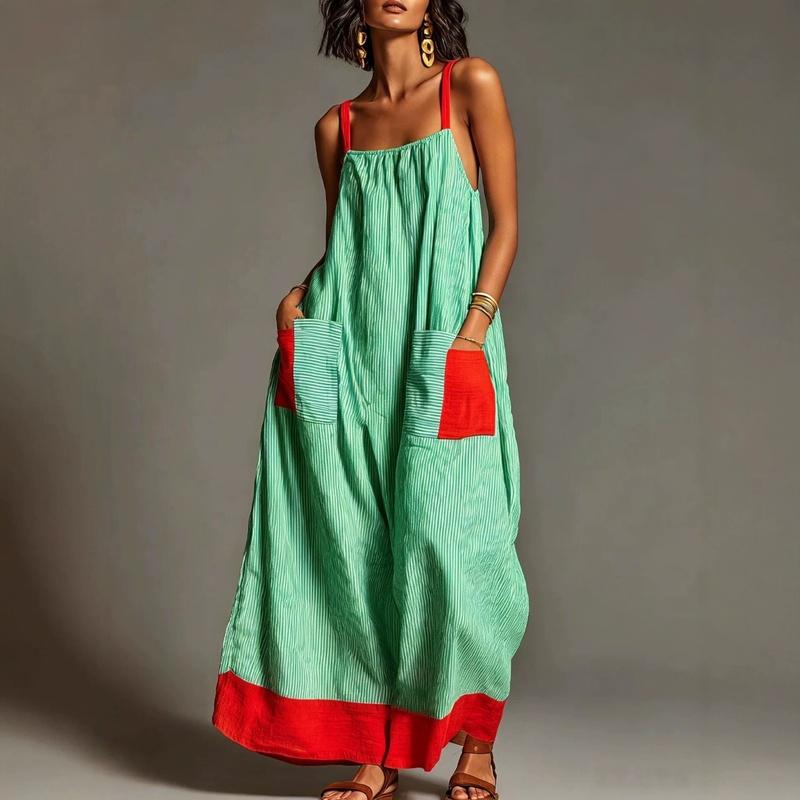 Women's Striped Spaghetti Strap Maxi Dress Summer Vacation Sleeveless Tie Waist Long Dress