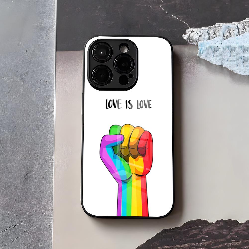 

Love Is Love LGBT Rainbow Phone Case For IPhone 17 Air 16 E Pro Max 15 14 13 Mini 12 Pro 11 Max Plus Black Glass Cover iPhone17ProMax