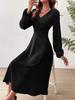 Elegant V-Neck Long Sleeve Lantern Dress - Solid Color Waist-Cinched Mid-Length Skirt for Spring