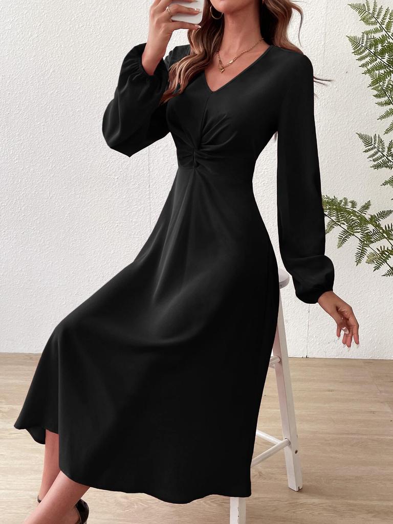 Elegant V-Neck Long Sleeve Lantern Dress - Solid Color Waist-Cinched Mid-Length Skirt for Spring