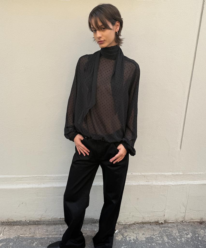 LMOOD WOMEN Polka Dot See-Through High-Neck Blouse Black