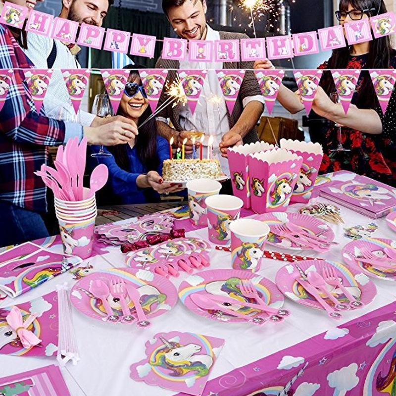 Unicorn Party Supplies Tableware Set Unicorni Paper Cup Plate Cake Topper Kids Happy Birthday Party Baby Shower Girl Decorations