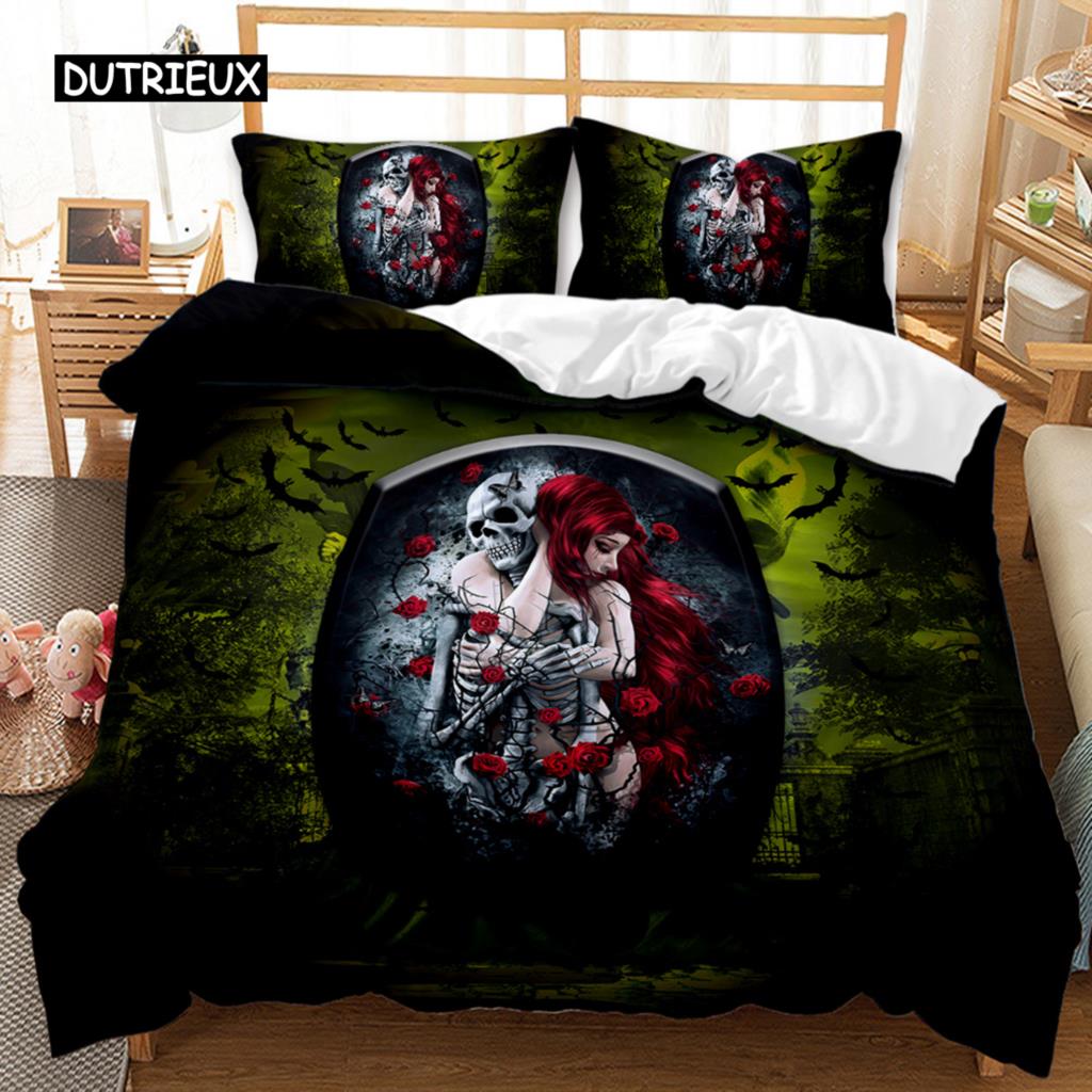 Skull Duvet Cover Set Queen 3D Skeleton Floral Skull Pattern Printed Bedding Qulit Cover Gothic Microfiber Bedding Queen Size