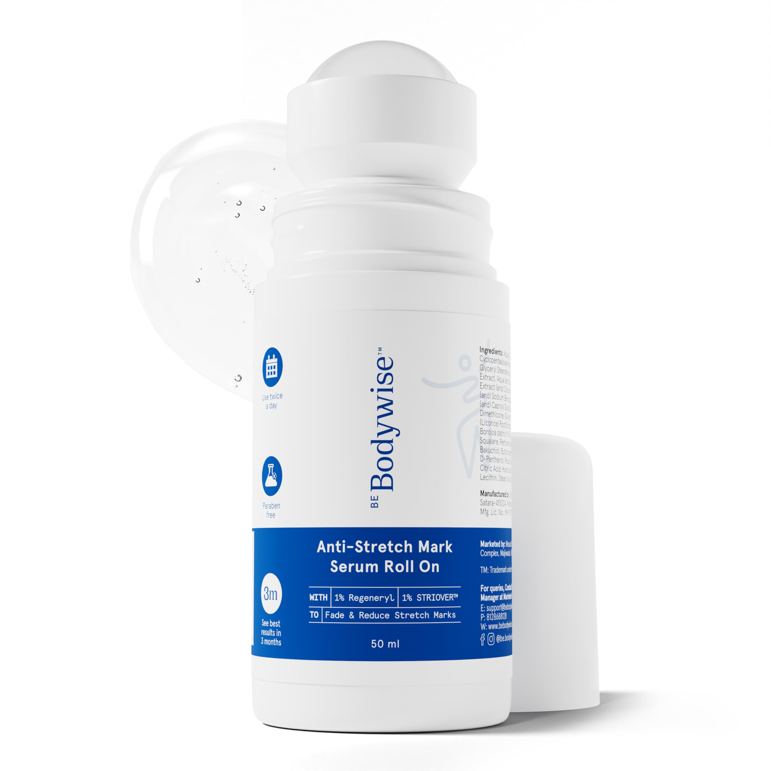 Be Bodywise Сыворотка-ролик против растяжек 50 мл | С Regeneryl, STRIOVER™ и маслом бакучи | Осветляет и уменьшает растяжки, увлажняет и стимулирует