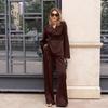 2026 Womens Vintage Brown Long Sleeve Shirt Top Pants 2 Piece Set