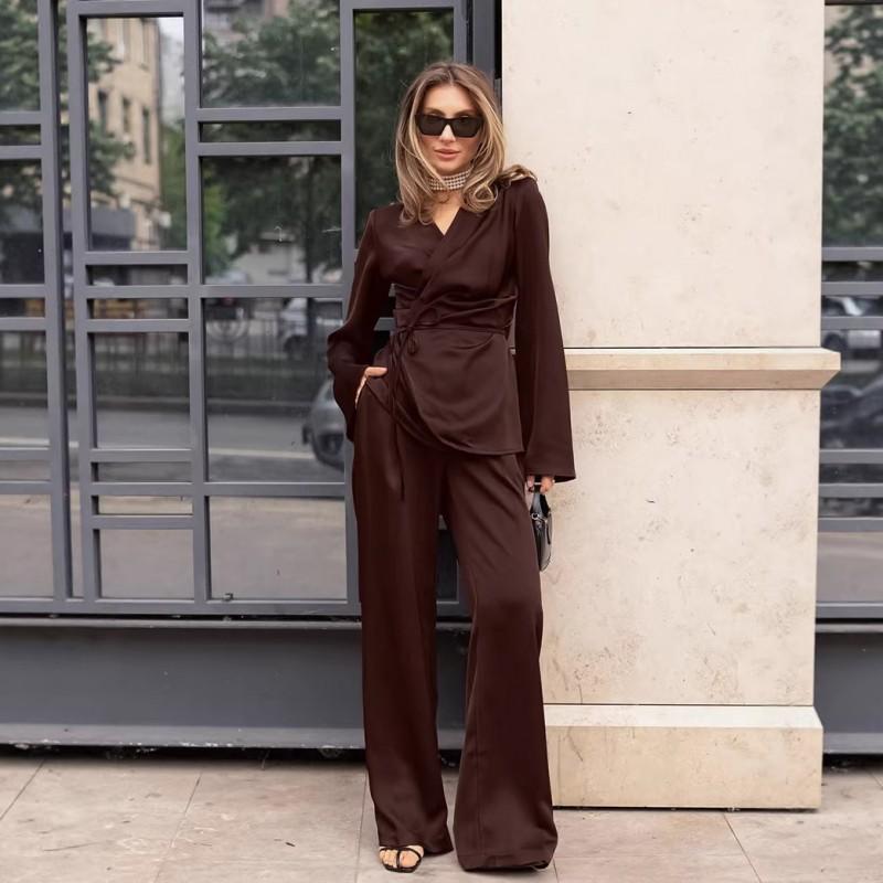 2026 Womens Vintage Brown Long Sleeve Shirt Top Pants 2 Piece Set