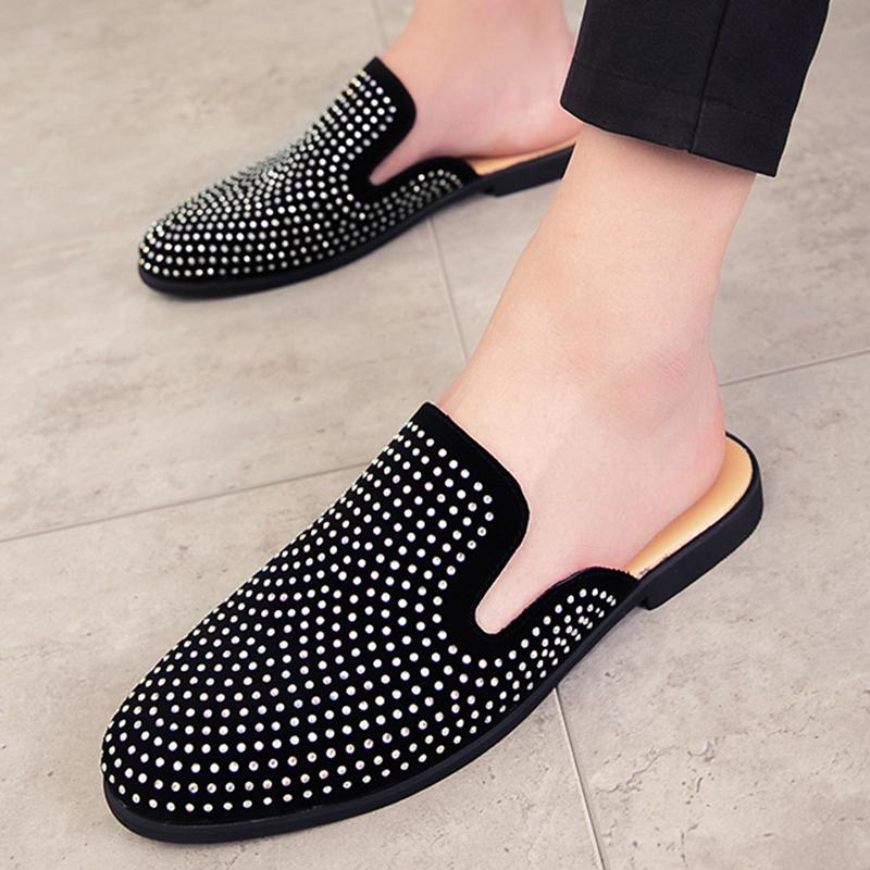 New Men Half Slippers Charm Rhinestones Loafers Casual Patent Leather Mules Moccasins Breathable Silver Black Driving Shoes