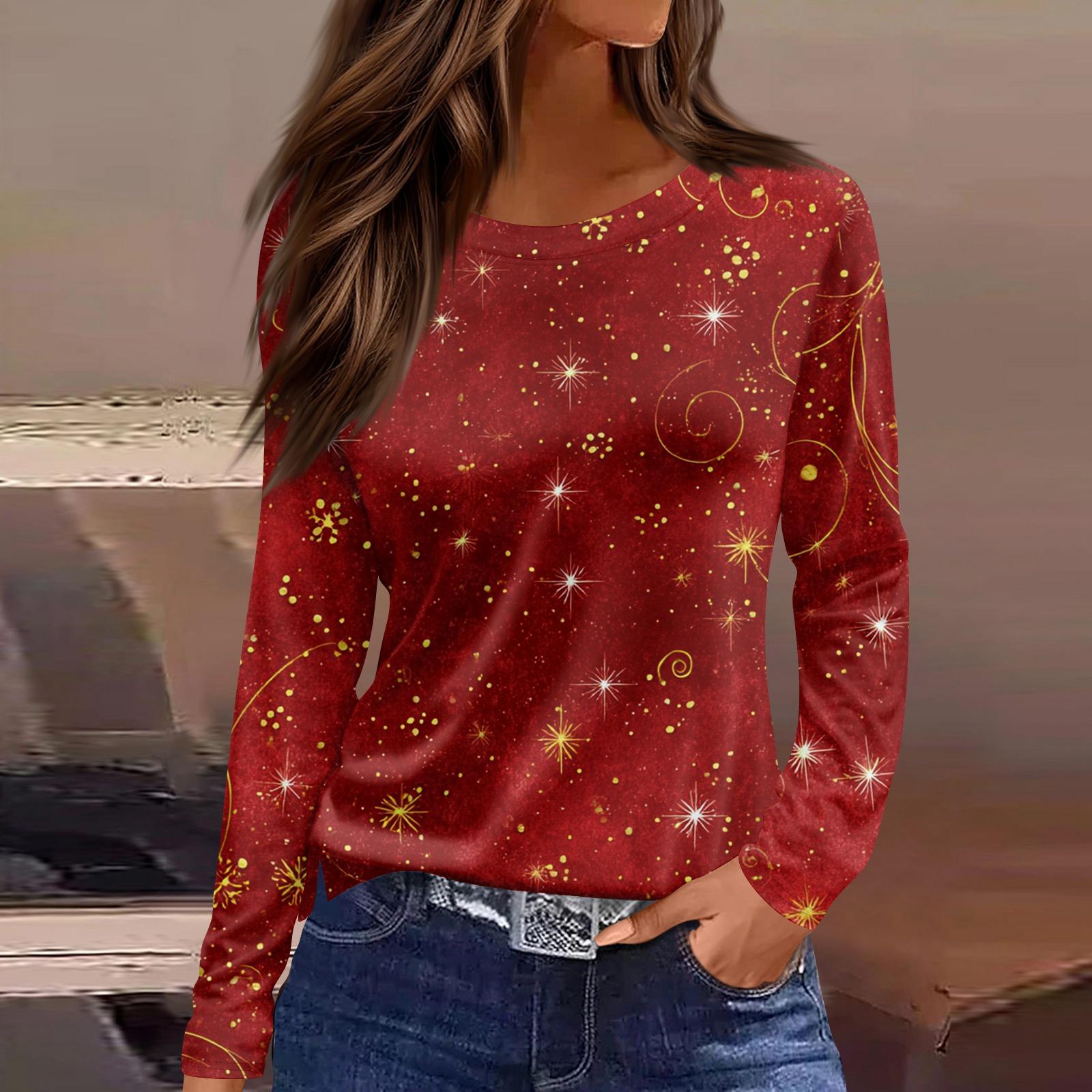 

Women s Fashion Casual Slit Hem Round Neck Long Sleeve Loose Christmas Printed T-Shirt Ladies Top XXL