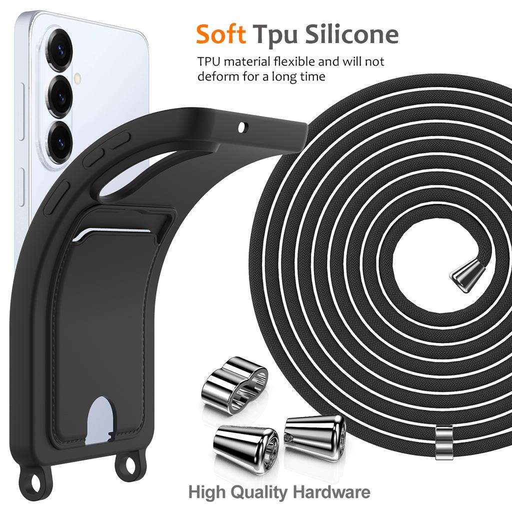 For Samsung Galaxy S26+ Case Liquid Silicone Card Holder Back Phone Cover with Lanyard