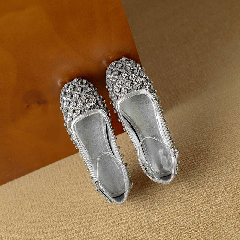 Krazing Pot Knitwear Sheepskin Summer Size 40 Crystal Low Heels Ankle Straps Rhinestone Square Toe Elegant Sweety Pumps