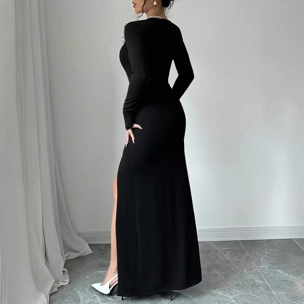 Women's Temperament Long Sleeve Lace Splicing Slimming Side Slit Dresses
