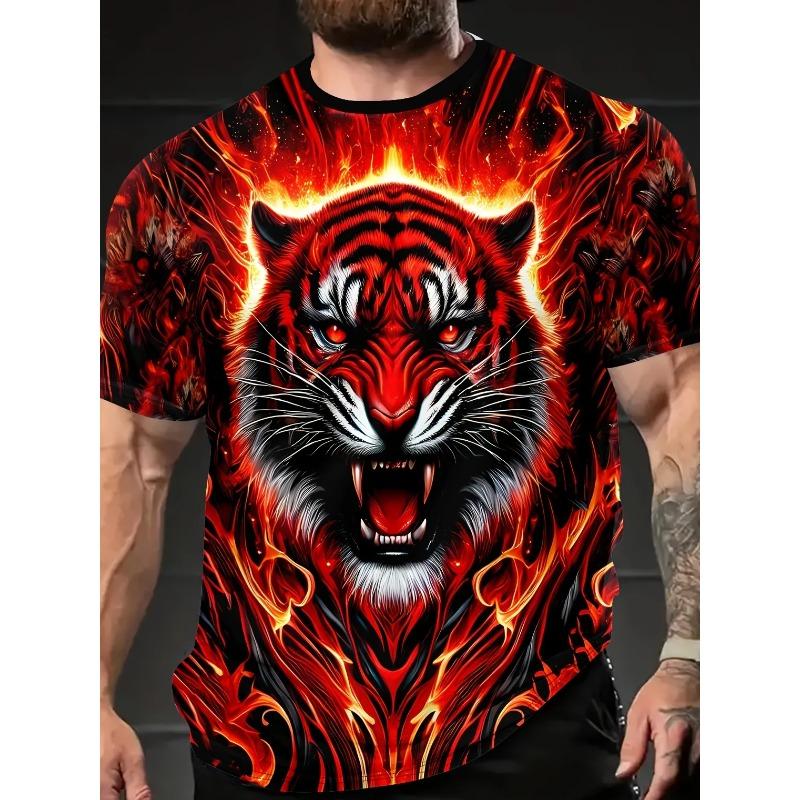 2025 Mens 3D Tiger Printed Short Sleeve Crew Neck T-Shirt Breathable Stretch Casual Fashion Tee Outdoor Party Weekend Wear Tops