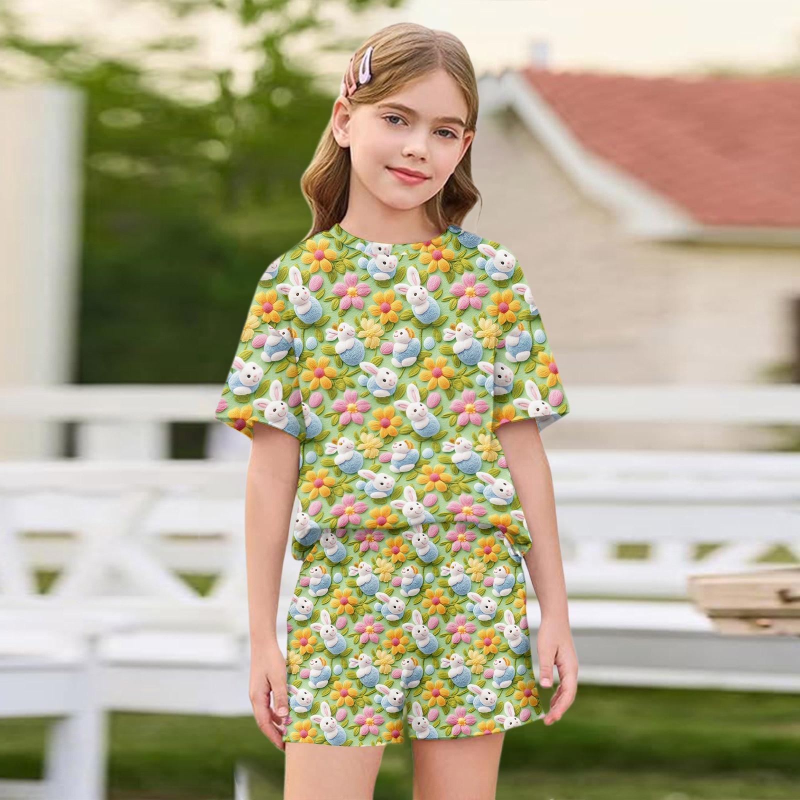 

Girls Easter Print Short Sleeve Top and Shorts Set Two Piece Outfit Lightweight Comfortable Fit Suitable for Casual Wear 100