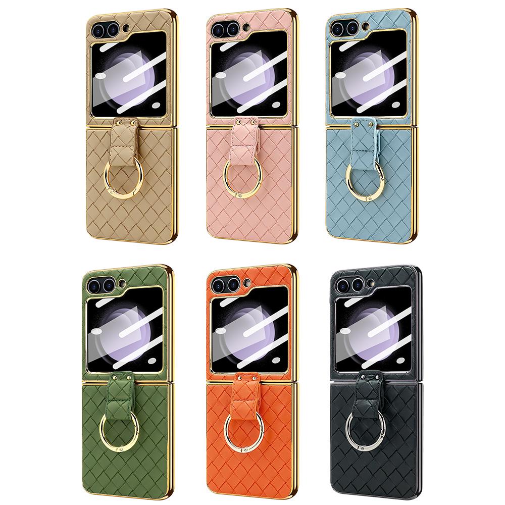 VIETAO Gold Electroplated Phone Case Cover With Finger Ring For Samsung Galaxy Z Flip 6 Flip 5 Flip 4 Flip 3 Back Screen Film