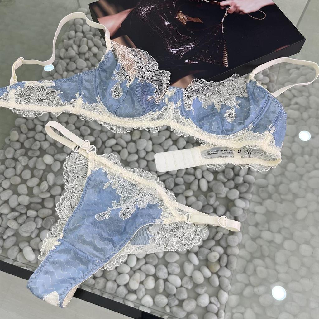 Elegant Ultra-Thin Lace Color-Block Bra Set - Anti-Sagging, Minimizes Large Bust