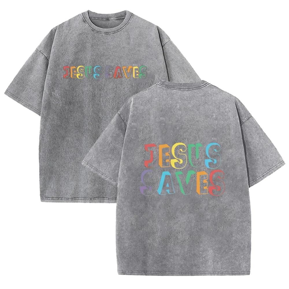 Vintage Spłowiony Dwustronny T-shirt Kolorowy Jezus Zbawca Oversize Chrześcijańska Wiara Streetwear Krótki Rękaw