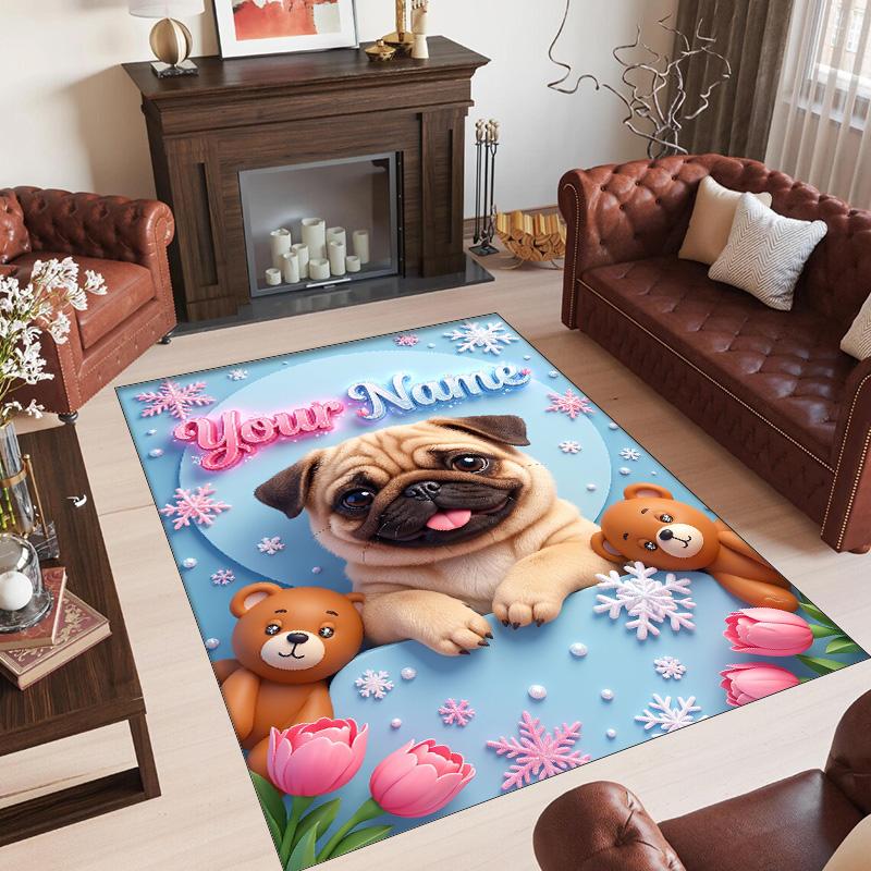 Pug Theme Crystal Velvet Floor Rug Personalized Custom Name Text Warm Carpet Home Decoration