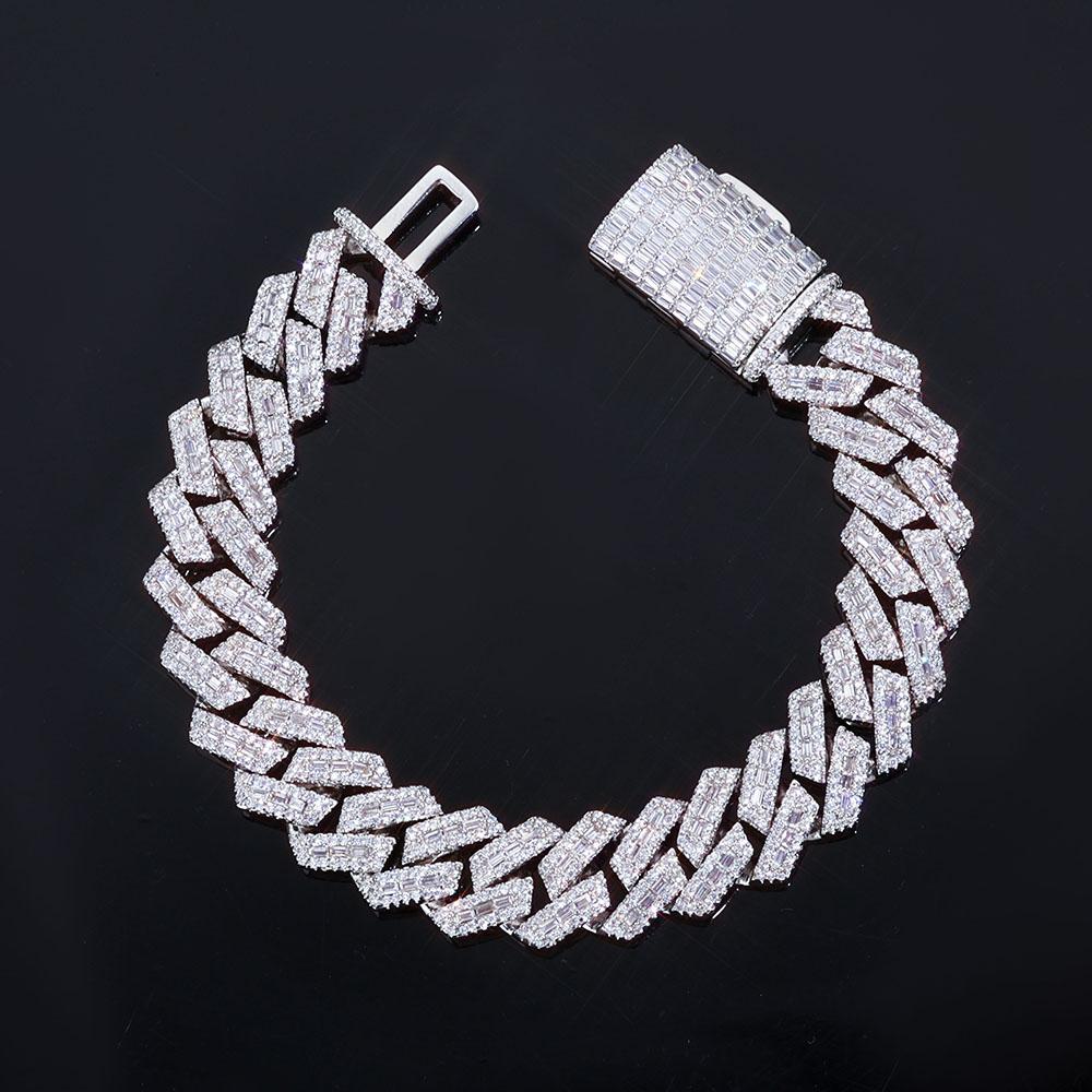 NUOYA Hip Hop Jewelry Personalized Full Pave Sparkling baguette Diamond Cuban Chain Iced Out Zircon Cuban Link Chain Bracelet Brass+Zircon&Bracelet 7inch(17.78cm) серебряный