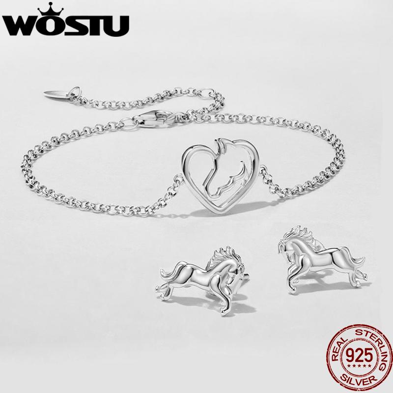 WOSTU Real 925 Sterling Silver Horse Heart Chain Bracelet Stud Earrings For Women S925 Silver Unique Horse Lover's Gift Set
