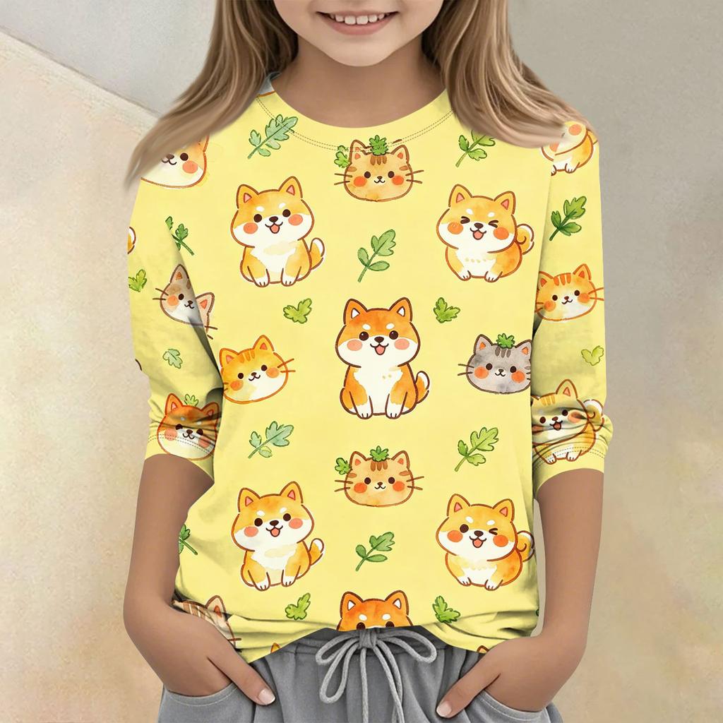 Kinder Tierdruck Rundhals Dreiviertelarm Lässiges T-Shirt Leichter Weicher Stoff Bequeme Passform Geeignet für den Alltag