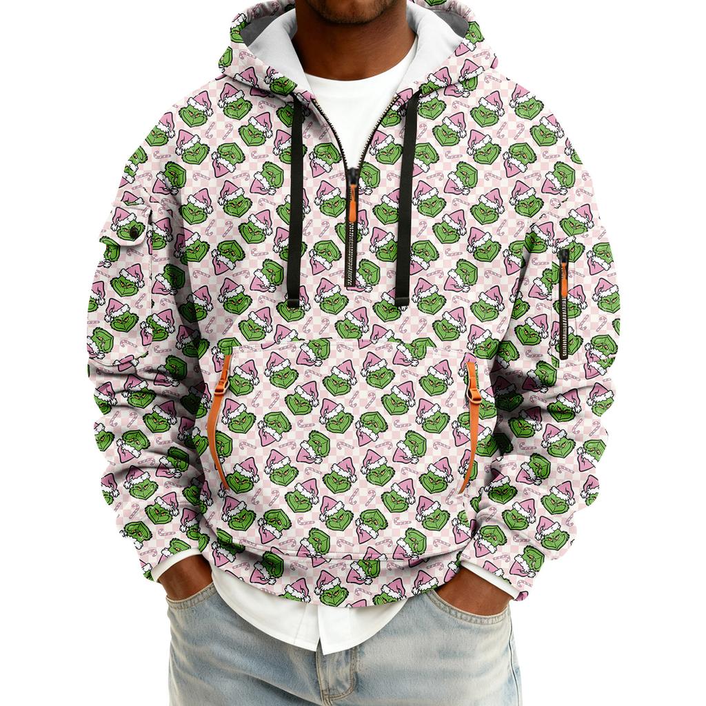 Men's Christmas Print Hooded Half-Zip Casual Sports Sweatshirt