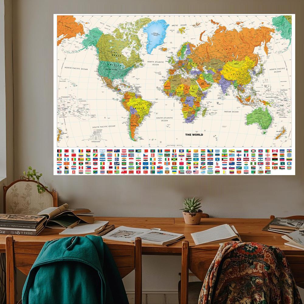 World Map-Countries with Cities,Unframed World Map,Wall Decor for Living Room,Bedroom,Home,Office,Modern Art,Travel Tool