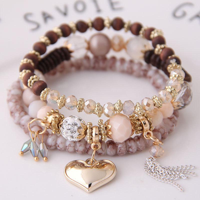 Bohemian Layered Beaded Bracelet Set with Love Pendant and Tassel