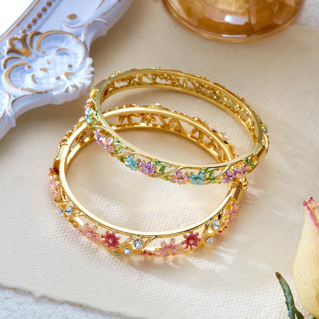 Boho Vintage Colorful Enamel Flower Bracelet For Women Gold Plated Crystal Zircon Hollow Floral Bangle Party Wedding Jewelry