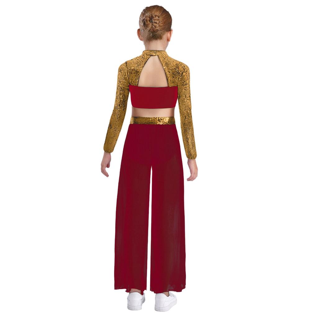 Girls Two Piece Dance Set Mock Neck Long Sleeve Sequins Crop Top Side Slit Chiffon Wide Leg Pants