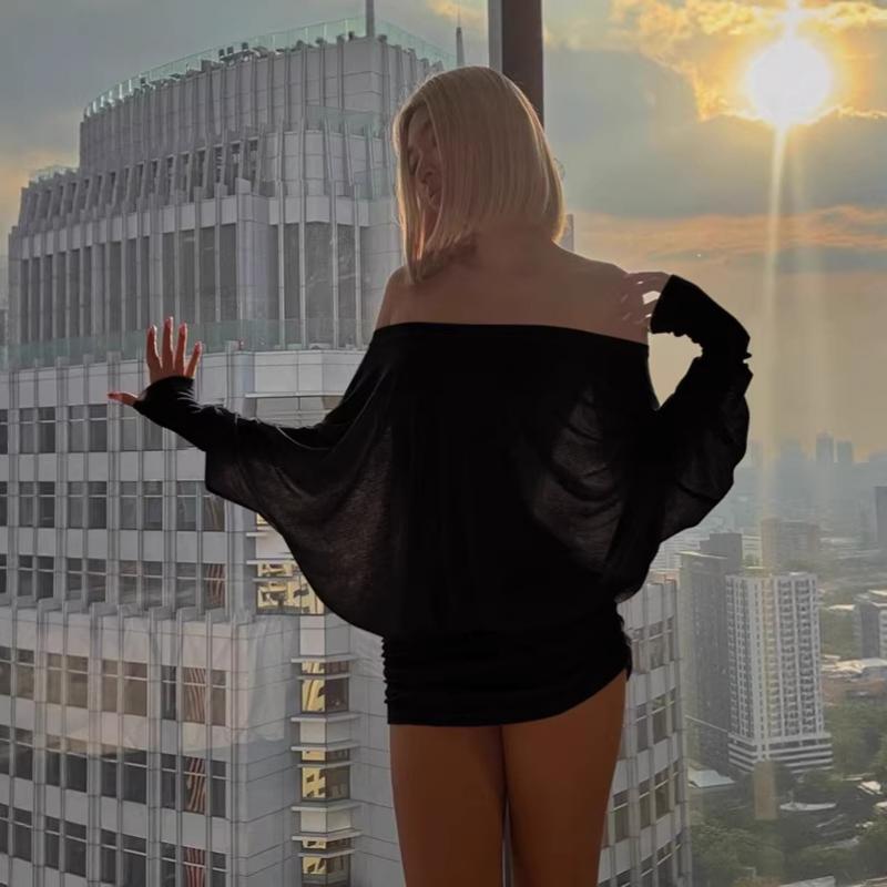 Women s Street Style Solid Color Off Shoulder Batwing Long Sleeve Comfy Loose Fit Ruched Bodycon Mini Dress XS чёрный