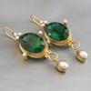 Antique Gold Plated Oval Cut Green Emerald Crystal with Accent Pearl Dangle Hook Earrings Retro Banquet Women Accessories