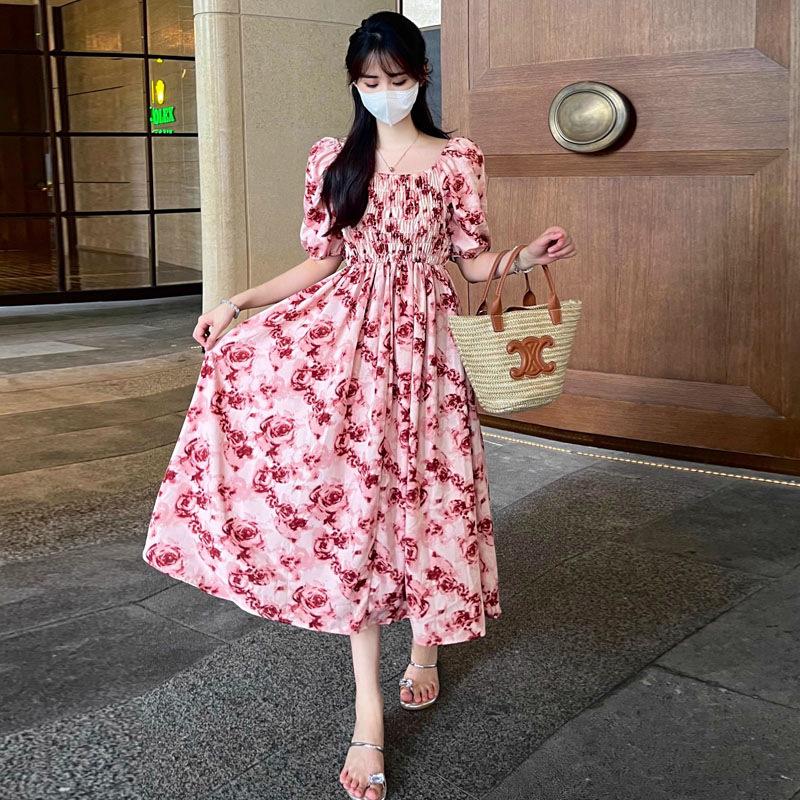 French temperament bubble sleeve floral square neck dress women's summer waist thin gentle wind first love coffee break dress
