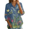 Women Button Front Vintage Floral Print Shirt Three Quarter Sleeve Loose Fit Blouse Casual Lightweight Top for Everyday Wear