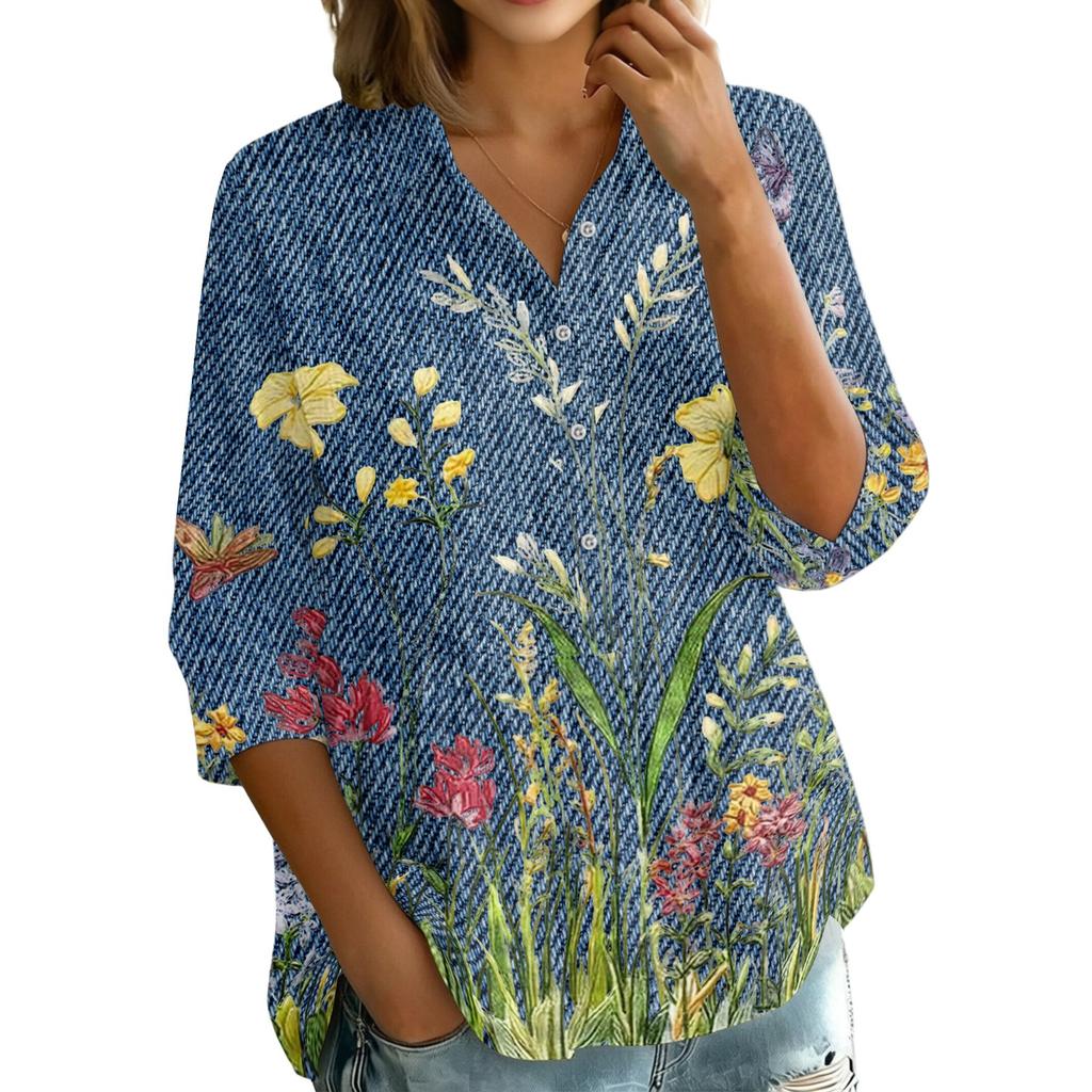 Women Button Front Vintage Floral Print Shirt Three Quarter Sleeve Loose Fit Blouse Casual Lightweight Top for Everyday Wear