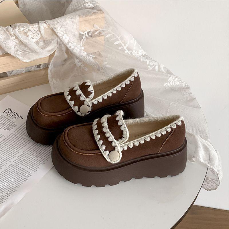 

British style retro versatile small leather shoes women s 2024 autumn and winter new heightened thick-soled piled one-pedal loafers cotton shoes 35 коричневый
