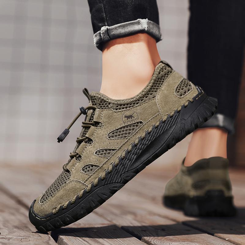 Fashion Handmade Genuine Leather Summer Mesh Shoes Large Size 47 Casual Stylish Mens Non-Slip Comfortable Hiking Shoes Sandals For Men