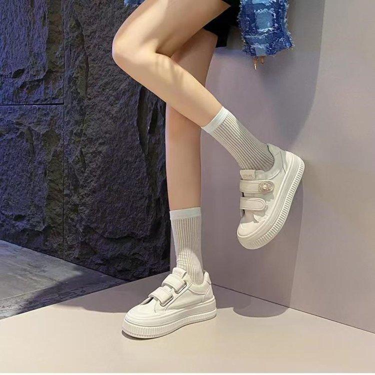 Thick-soled leather surface spring new Velcro flat-soled student shoes casual sports board shoes