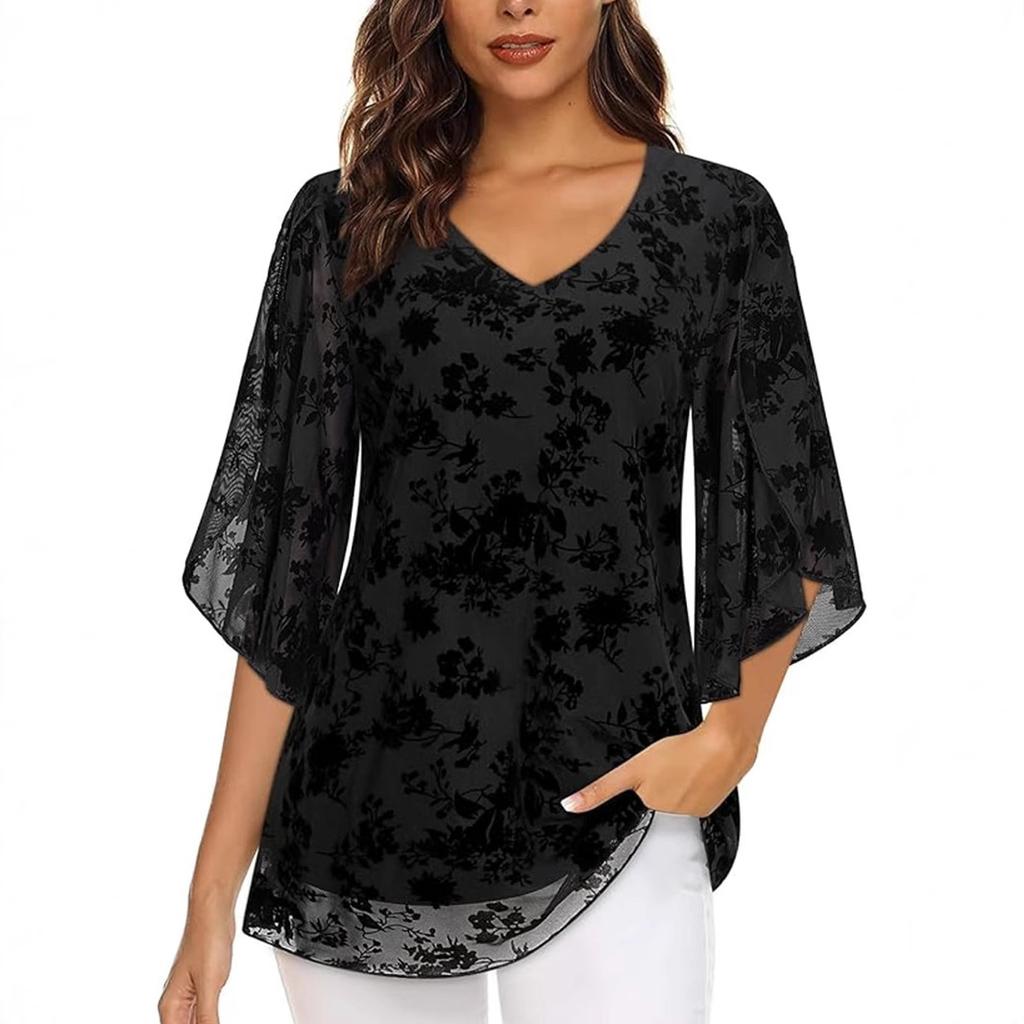 Double-layer Flocking Elastic Mesh Women's Summer Three-quarter Flared Sleeve Cinched Waist V-neck Top