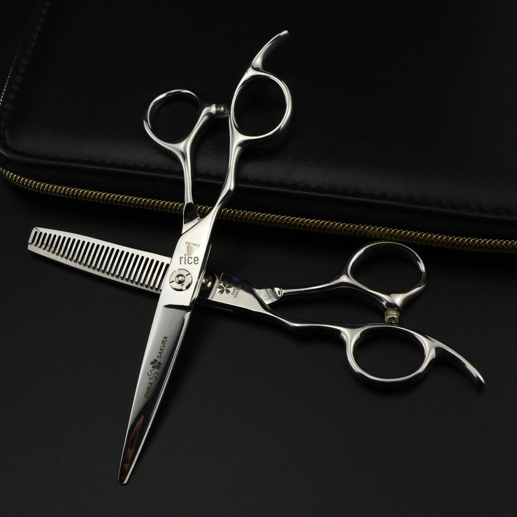 6.0" Left-Handed Cherry Blossom XGZ-02 Hairdressing Scissors - Straight, Serrated, and Thinning Shears.