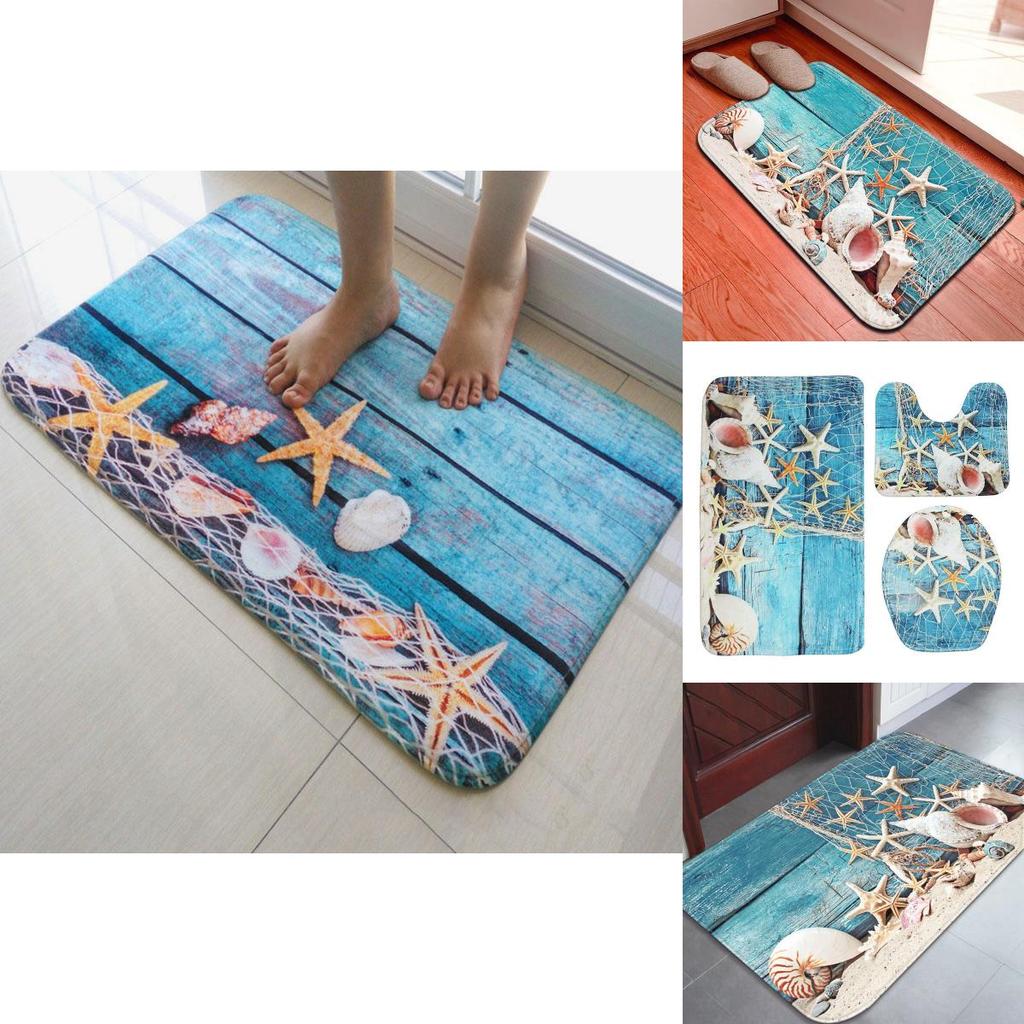 Luxurious 3pcs Beach Nonslip Bathroom Toilet Seat Cover Pedestal Rug Bath Mat Carpet Set