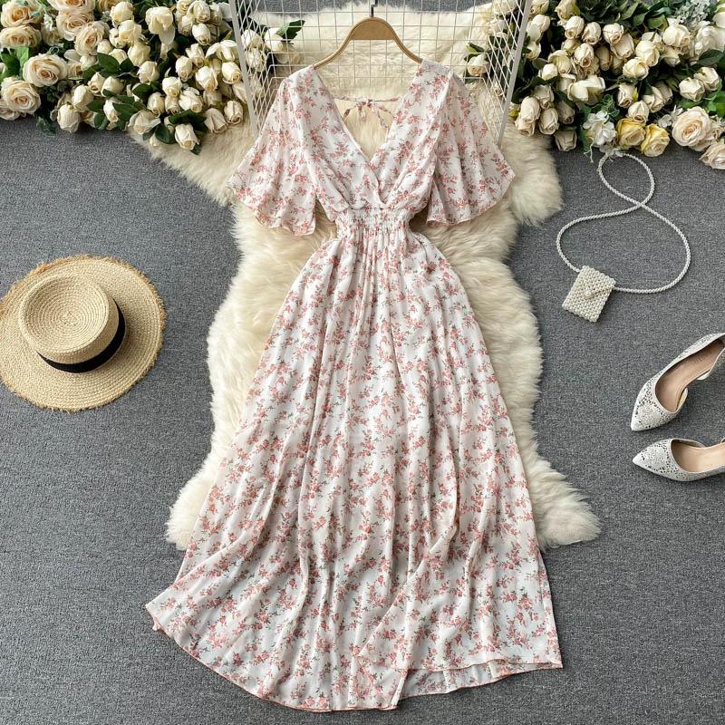Sexy V-neck Floral Chiffon Beach Dress - Waist-Cinching Long Summer Fashion