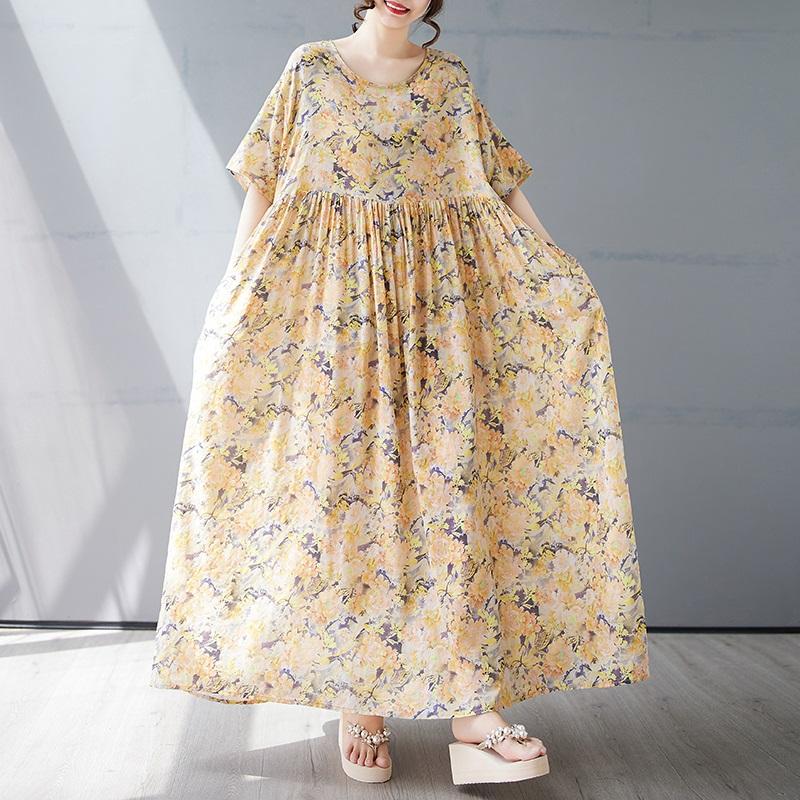 Short Sleeve Plus Size Cotton Vintage Floral New In Dresses for Women Casual Loose Long Summer