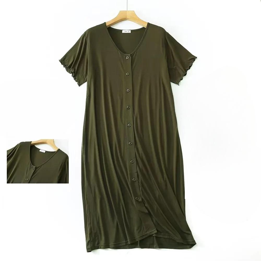 Modal Short-sleeved Mid-length Sleep Tops Night Dress with Button for Women Sleepwear Cotton Cardigan Plus Size Sleep Dress