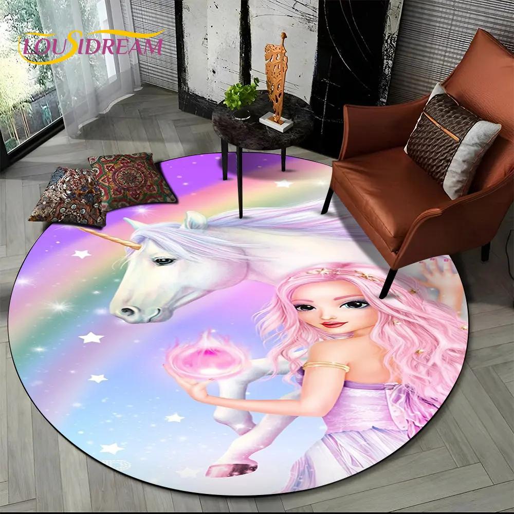 3D Cartoon Unicorn Animal Round Area Rug,Circle Carpet Rug for Living Room Children's Bedroom Sofa Decor,Kid Non-slip Floor Mat