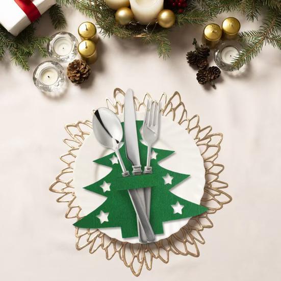 Christmas Cutlery Holder Bag Tree/Heart Shaped Knife Folk Tableware Holder Pockets Felt Dinner Flatware Covers for Christmas Party Dinner Table Decor