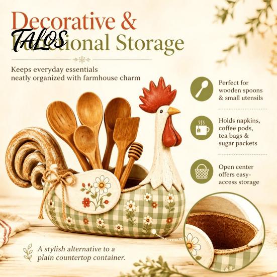 Decorative Cutlery Crock Vintage Farmhouse Rooster Utensil Holder, Resin Chicken Kitchen Counter Organizer, Rustic Country Holder Cooking Caddy,